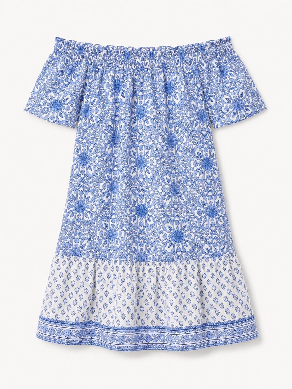 Vineyard Vines Tile Medallion Off Shoulder Cotton Dress Hydrangea Blue White M